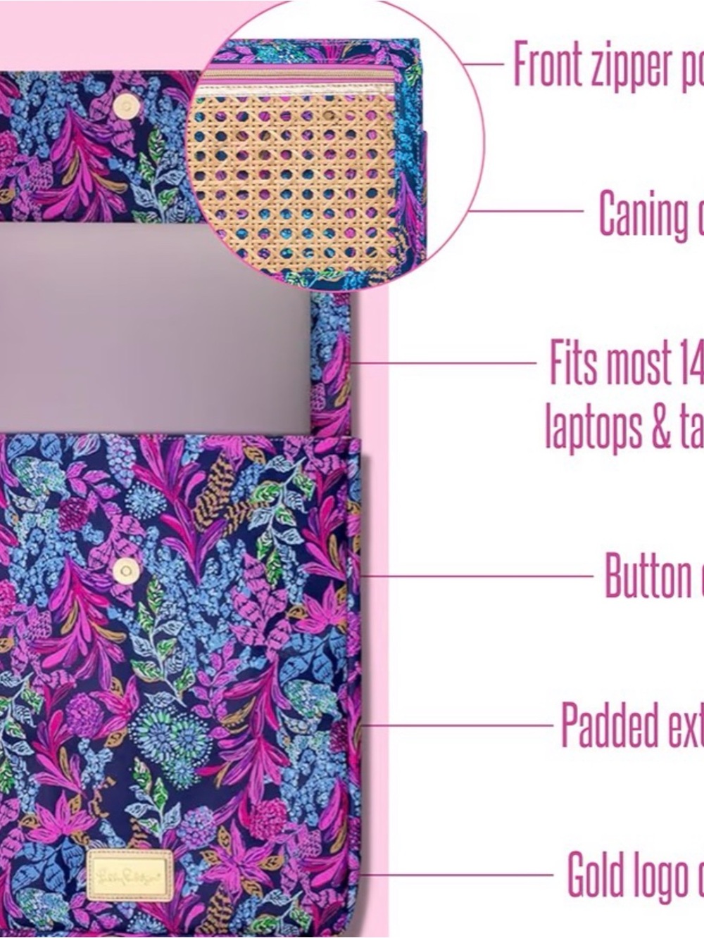 Lilly Pulitzer Leatherette Laptop Sleeve Aegean Navy Calypso Coast 11.5"WX 16"H